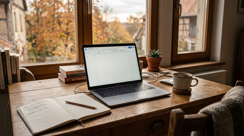 Ein Schreibtisch mit Laptop und Notizbuch

